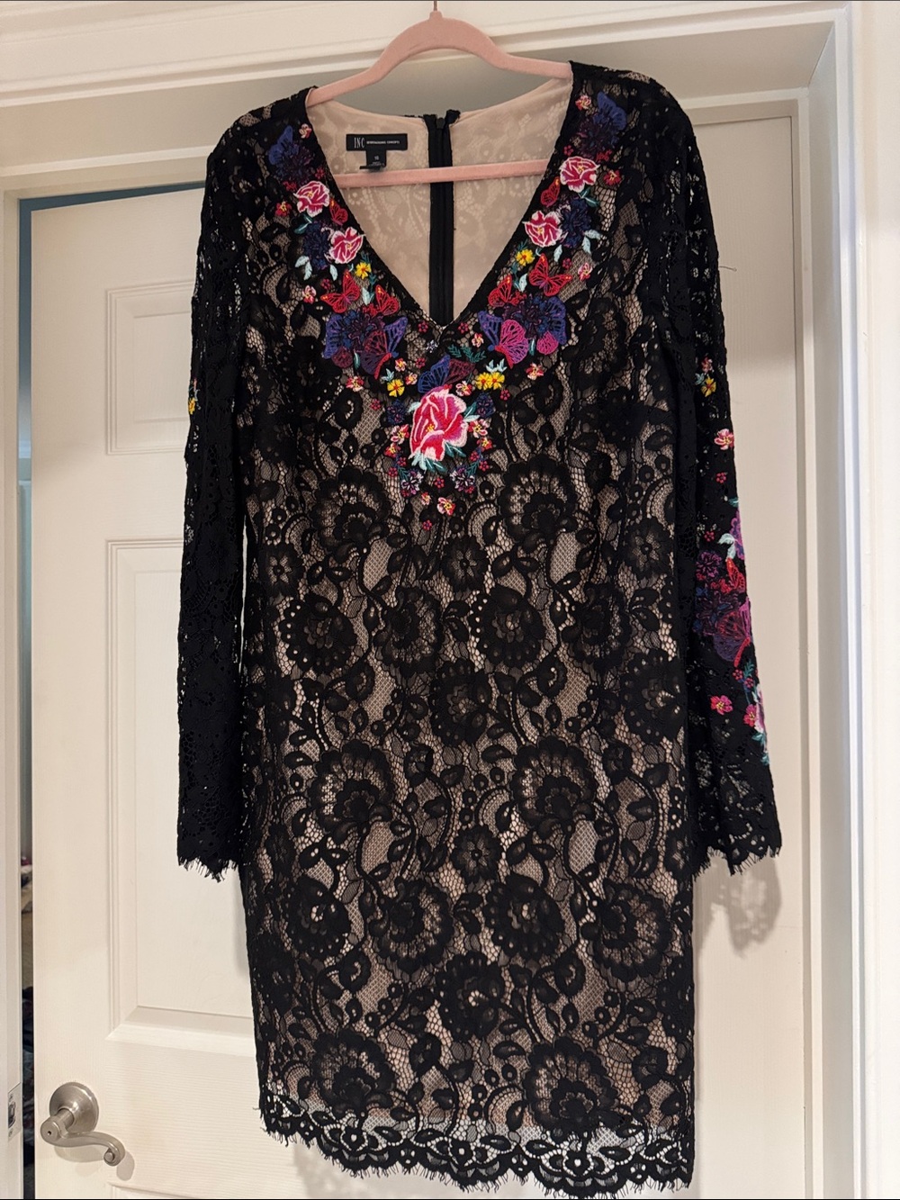 INC Black Lace Long Sleeve Dress with Multicolor Floral Embroidery